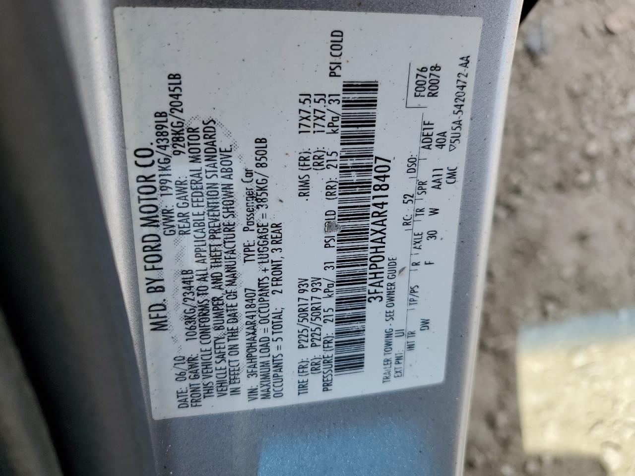 3FAHP0HAXAR418407 2010 Ford Fusion Se