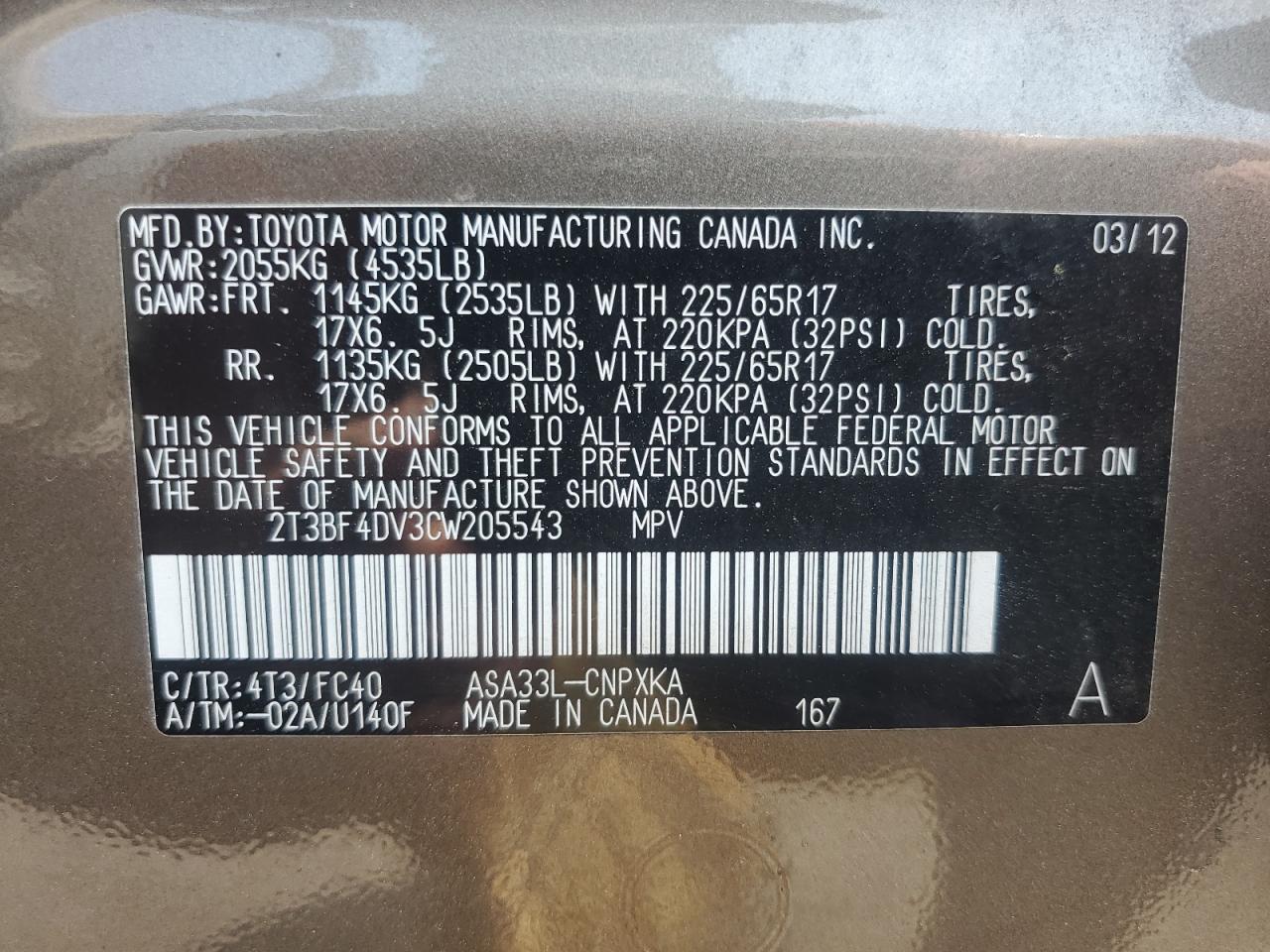 2T3BF4DV3CW205543 2012 Toyota Rav4