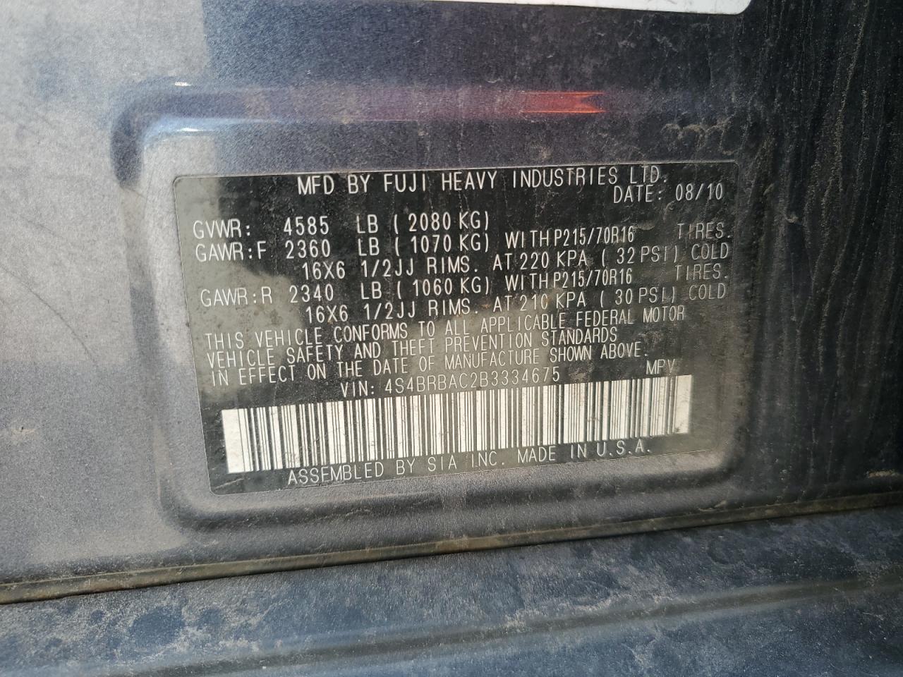 4S4BRBAC2B3334675 2011 Subaru Outback 2.5I