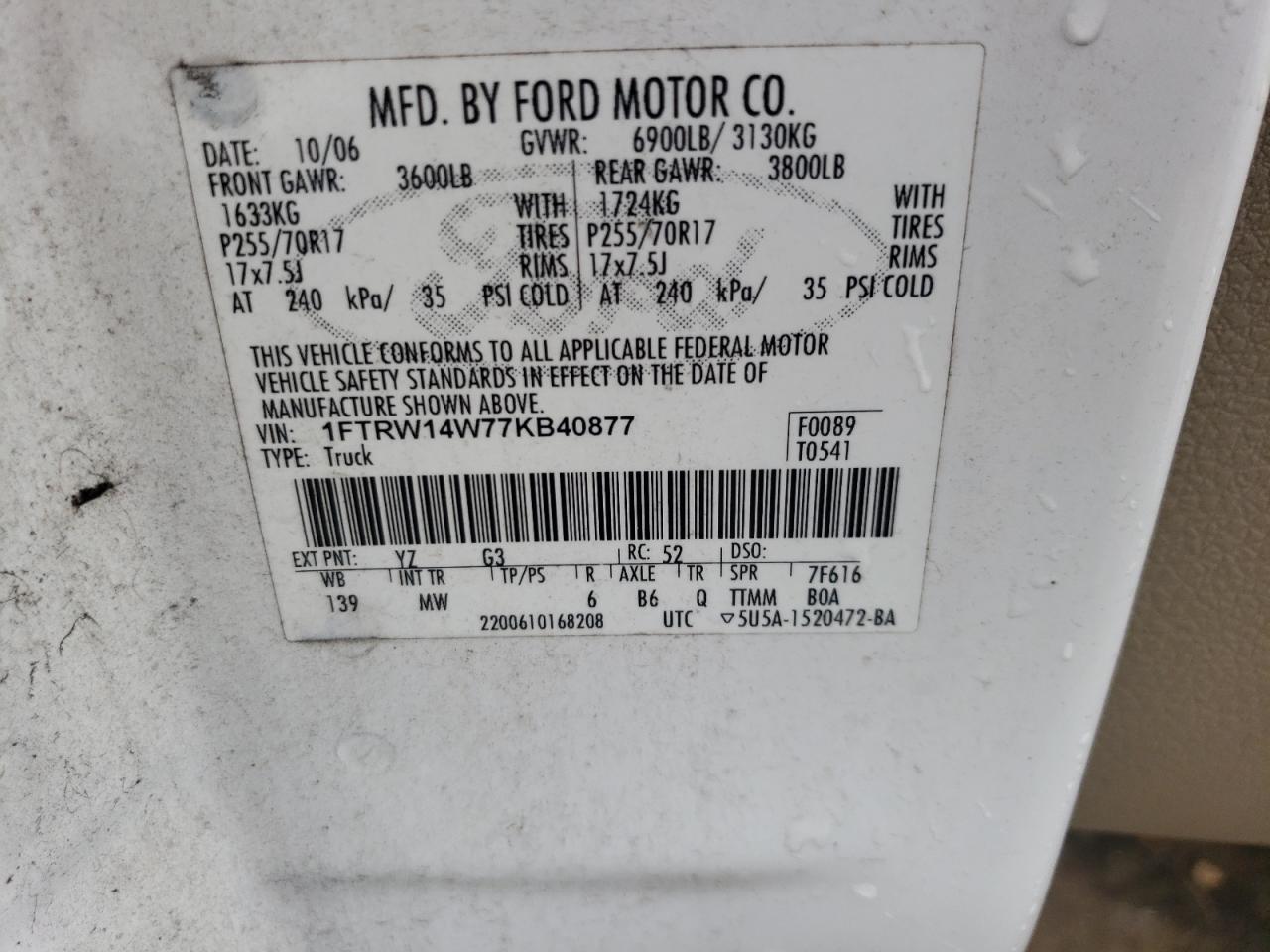 1FTRW14W77KB40877 2007 Ford F150 Supercrew