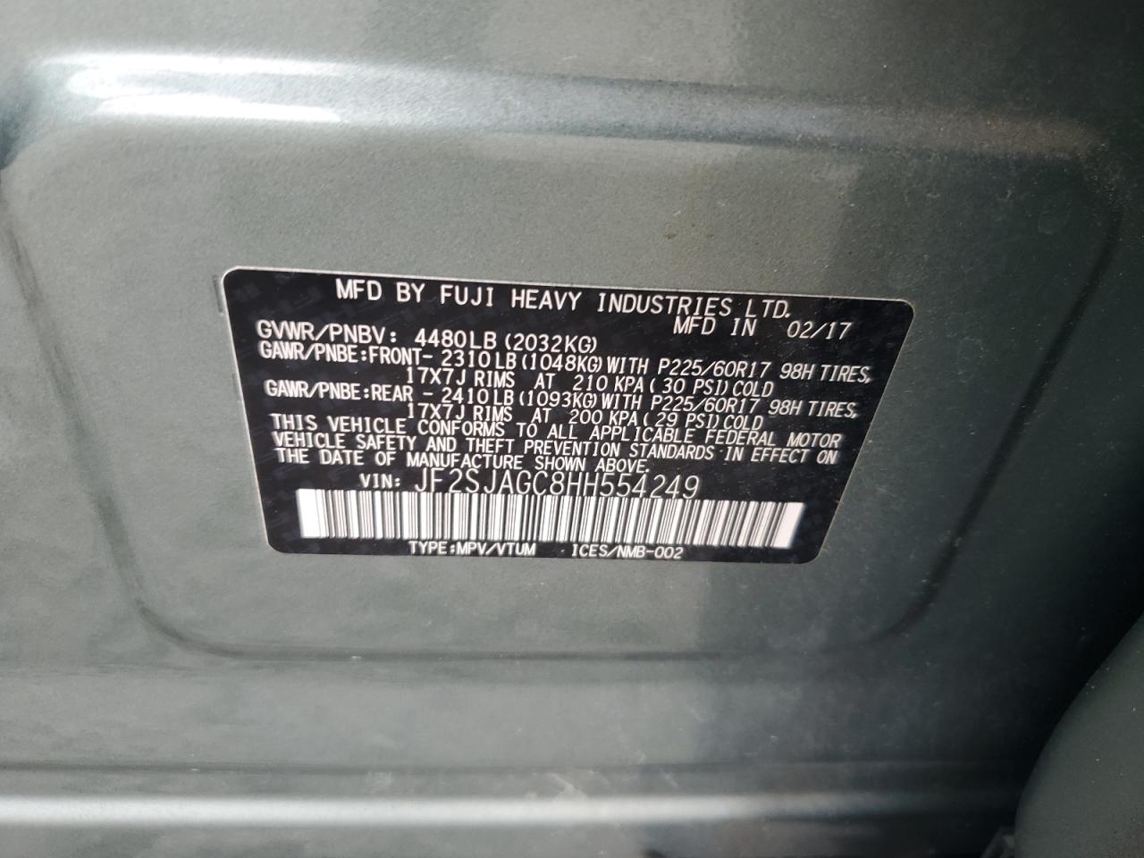 JF2SJAGC8HH554249 2017 Subaru Forester 2.5I Premium