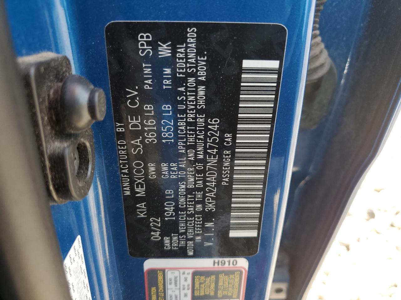 3KPA24AD7NE475246 2022 Kia Rio Lx