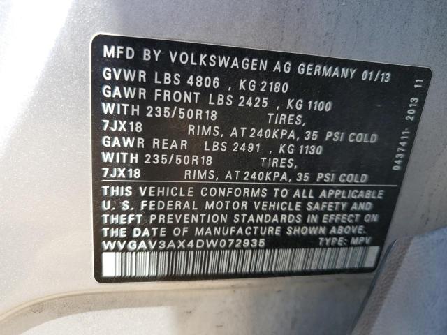 2013 Volkswagen Tiguan S VIN: WVGAV3AX4DW072935 Lot: 57143764