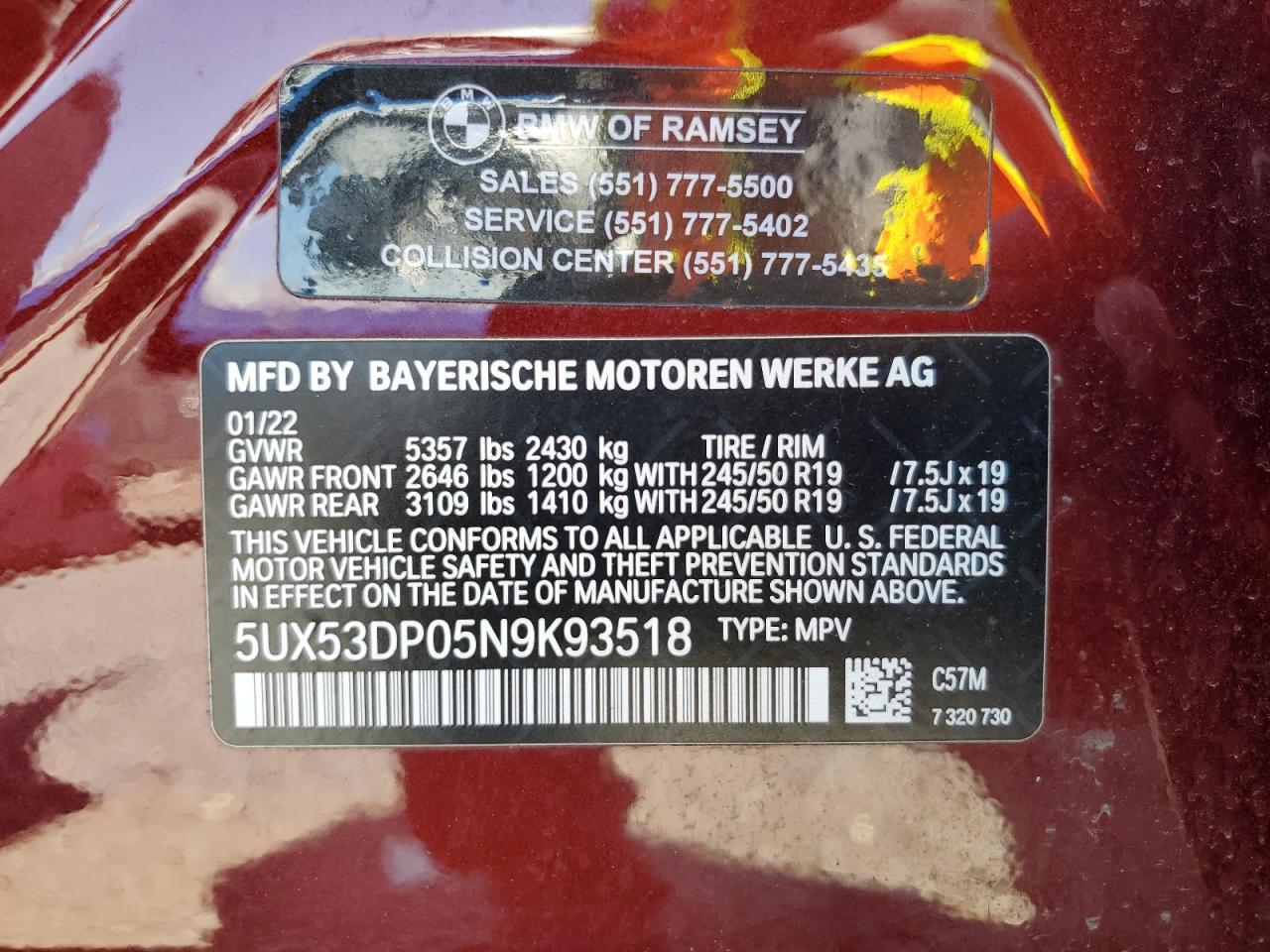 5UX53DP05N9K93518 2022 BMW X3 xDrive30I