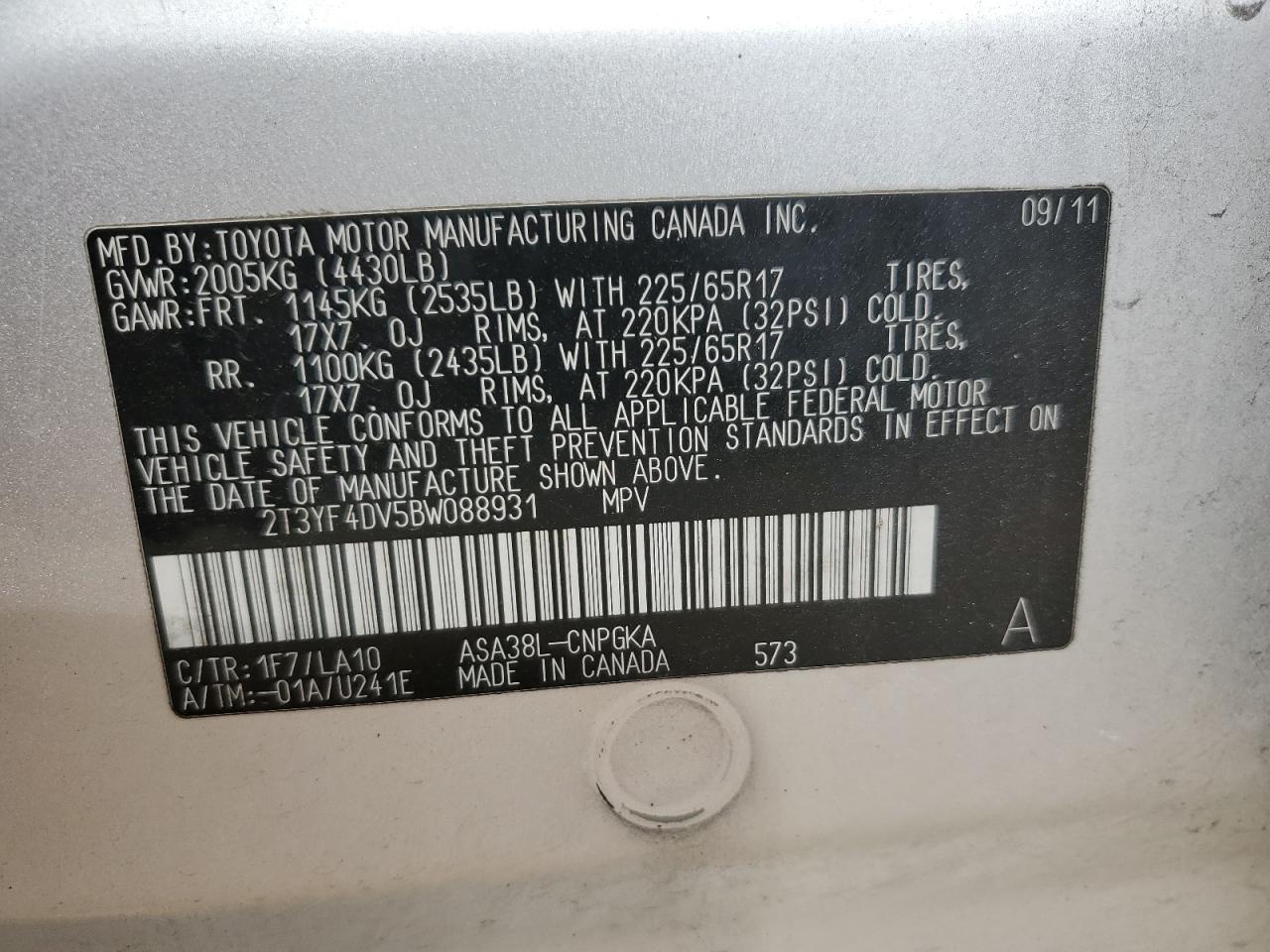 2T3YF4DV5BW088931 2011 Toyota Rav4 Limited