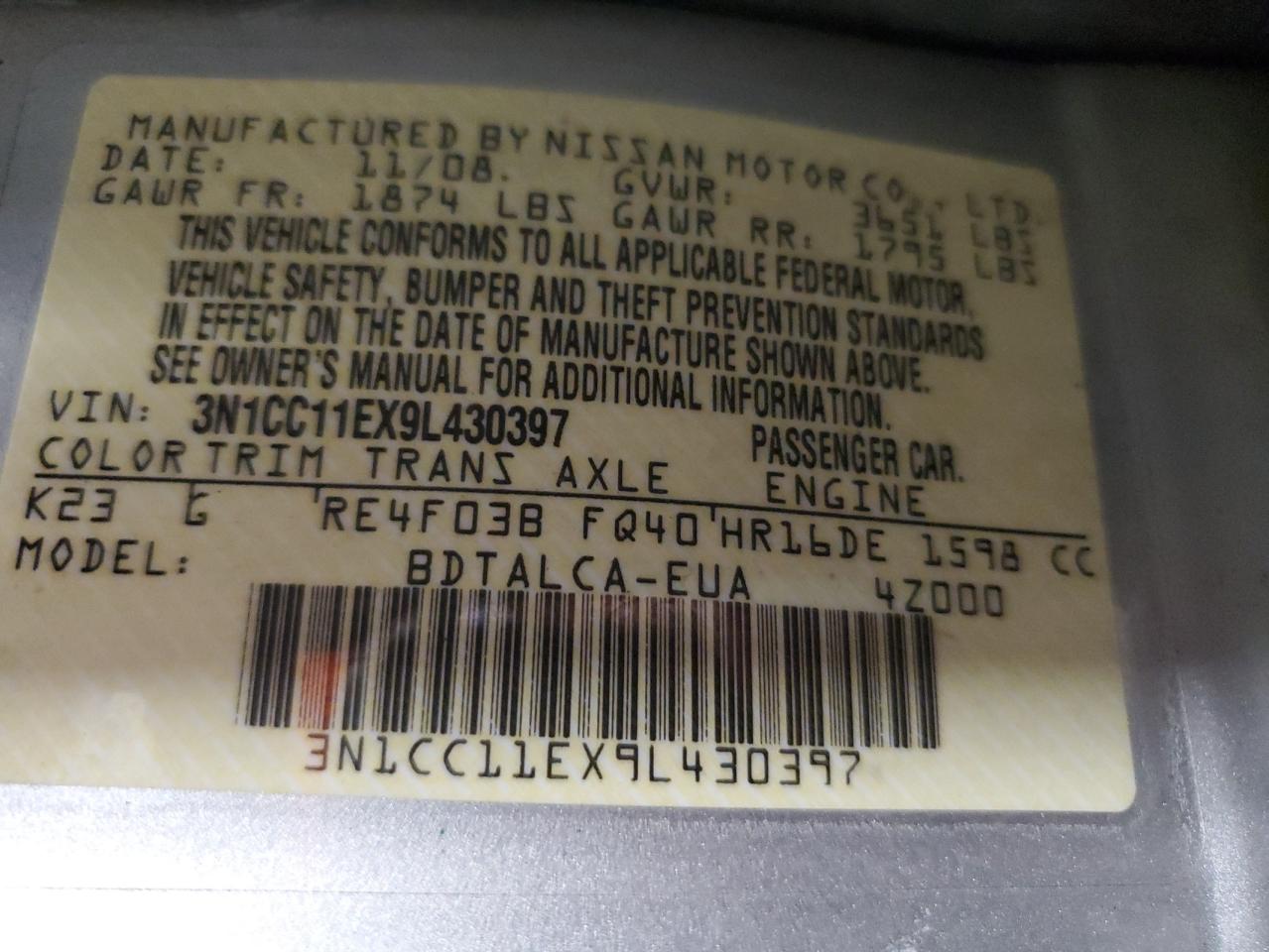 3N1CC11EX9L430397 2009 Nissan Versa S