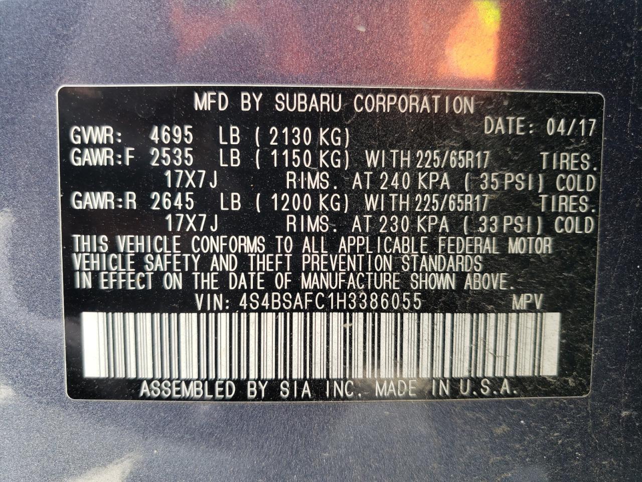 4S4BSAFC1H3386055 2017 Subaru Outback 2.5I Premium