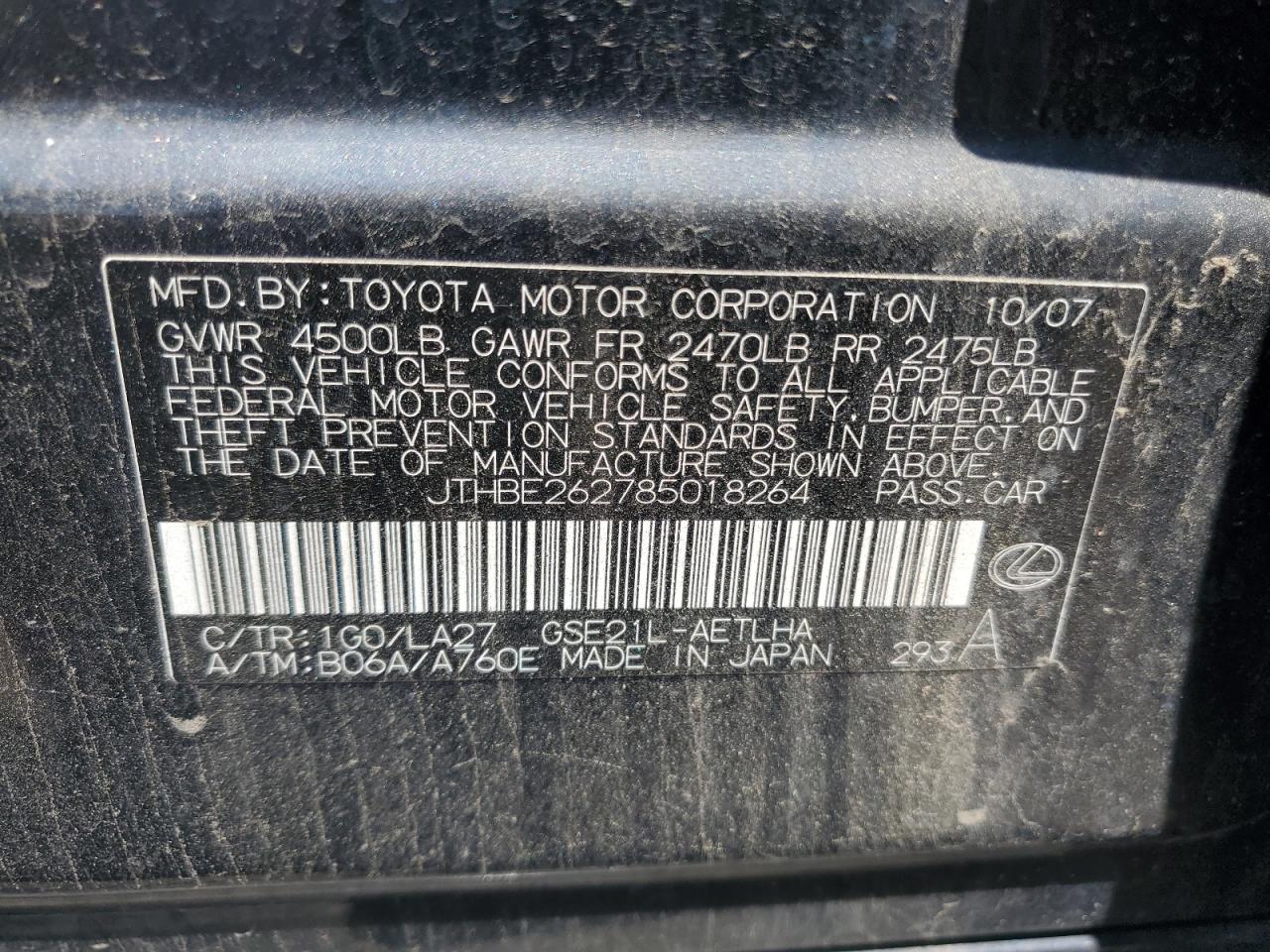 JTHBE262785018264 2008 Lexus Is 350