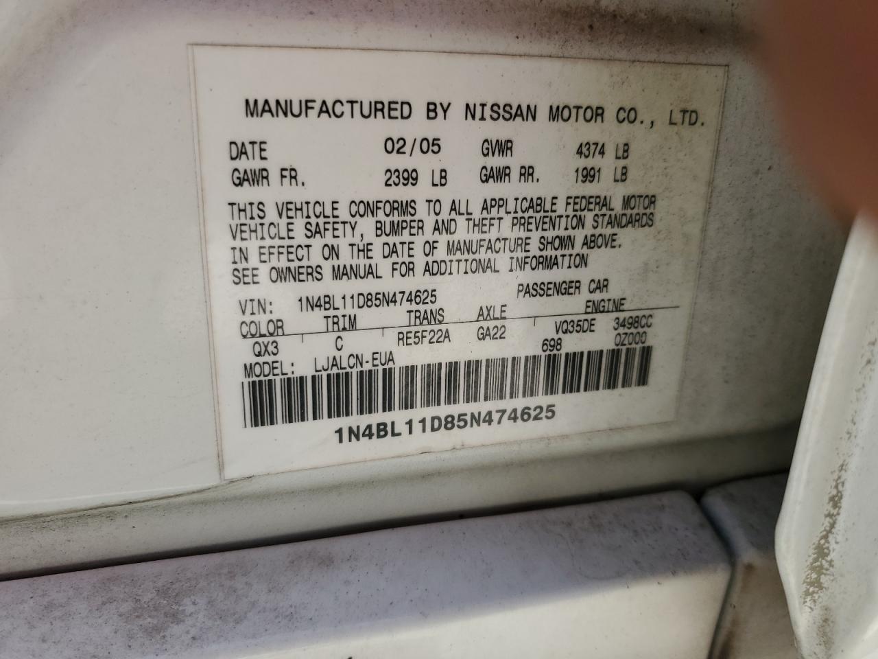 1N4BL11D85N474625 2005 Nissan Altima Se