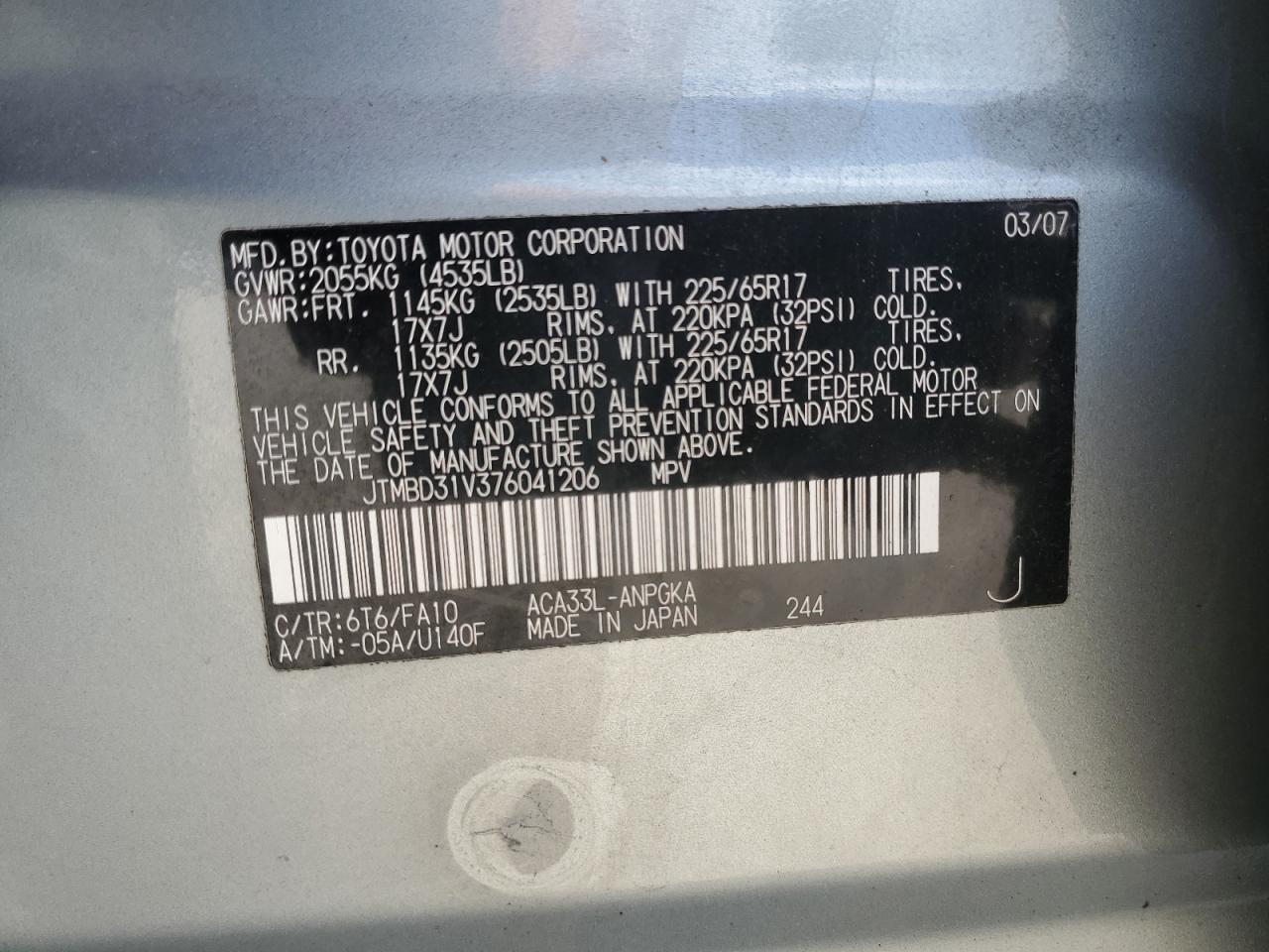 JTMBD31V376041206 2007 Toyota Rav4 Limited