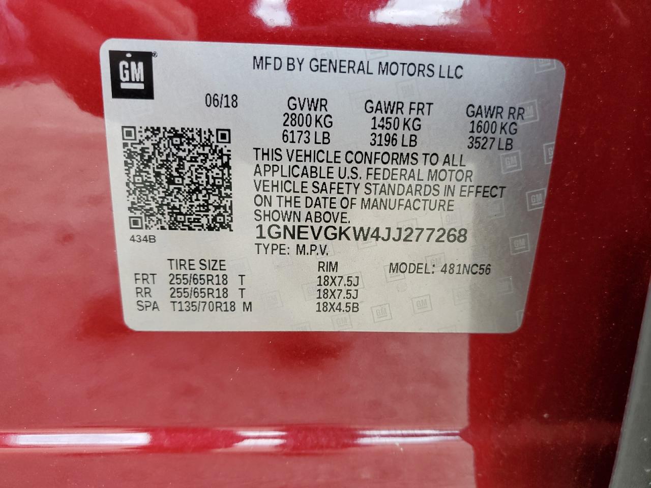 1GNEVGKW4JJ277268 2018 Chevrolet Traverse Lt