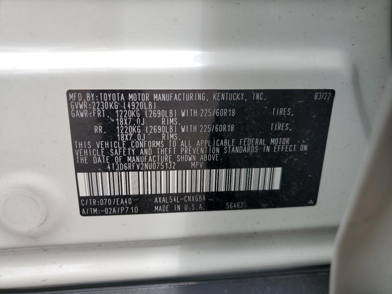 4T3D6RFV2NU075132 2022 Toyota Rav4 Limited