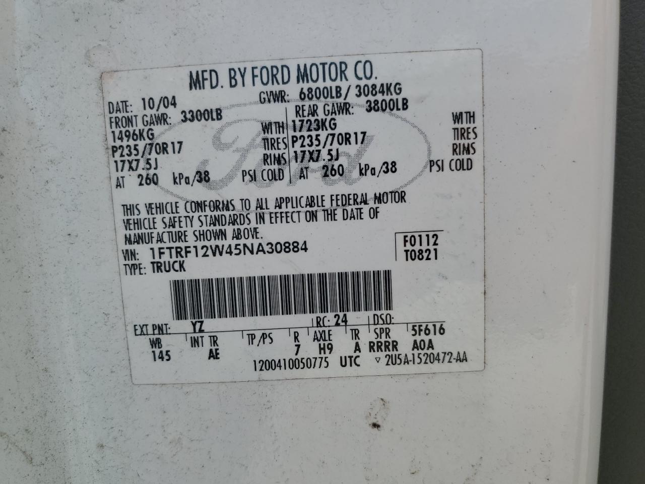 1FTRF12W45NA30884 2005 Ford F150