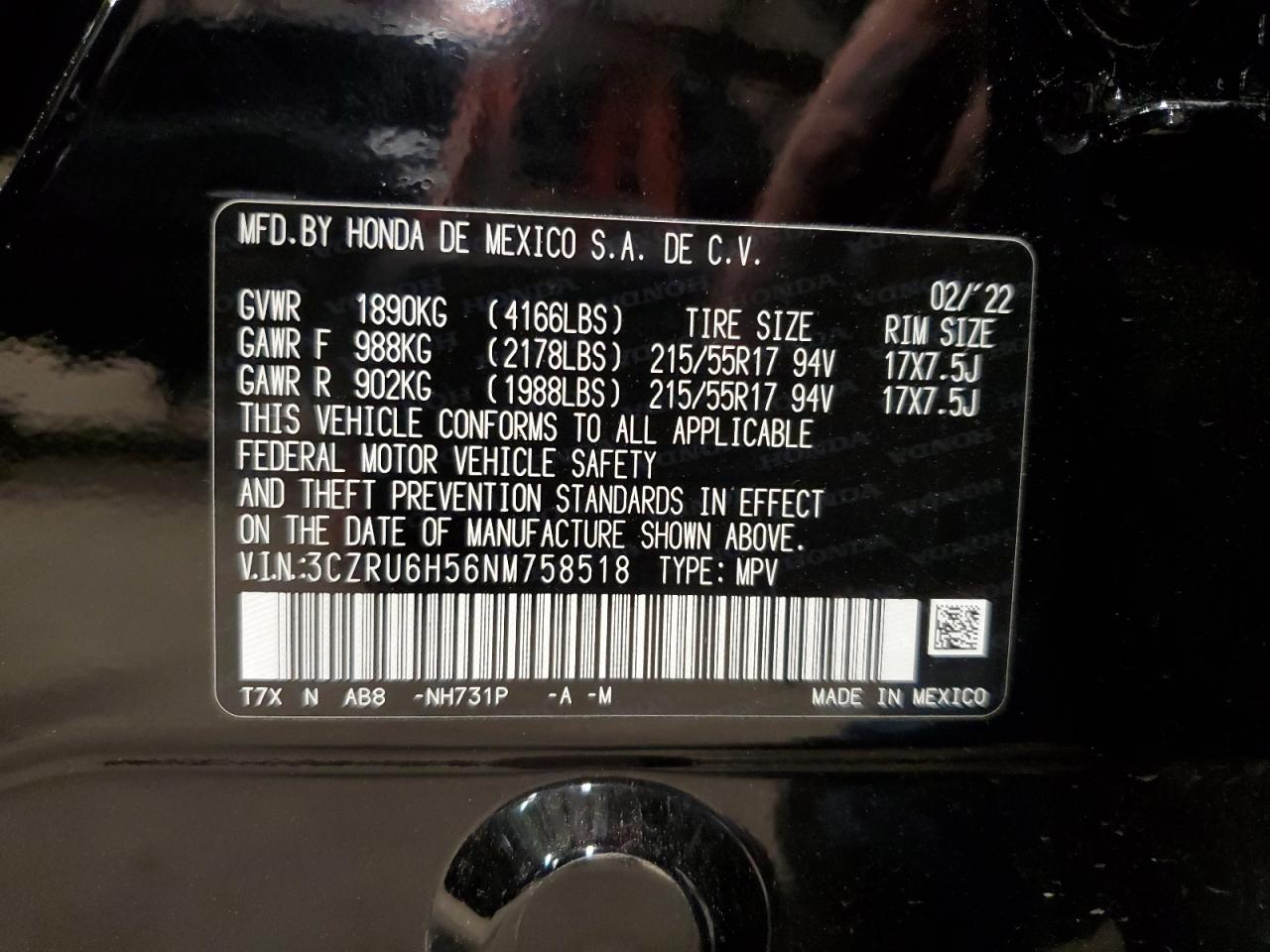 3CZRU6H56NM758518 2022 Honda Hr-V Ex