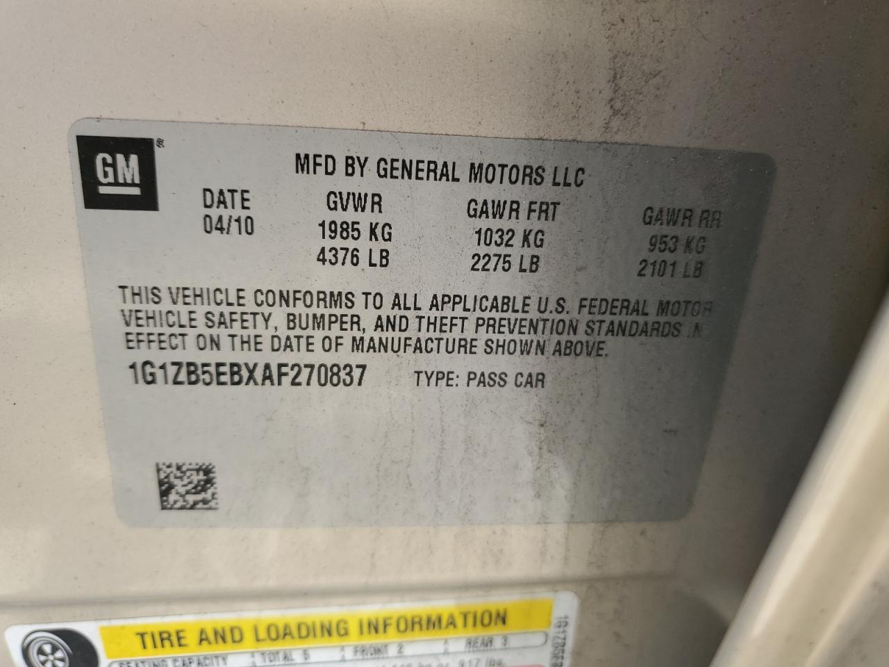 1G1ZB5EBXAF270837 2010 Chevrolet Malibu Ls