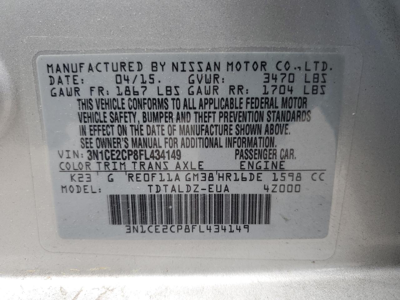 3N1CE2CP8FL434149 2015 Nissan Versa Note S