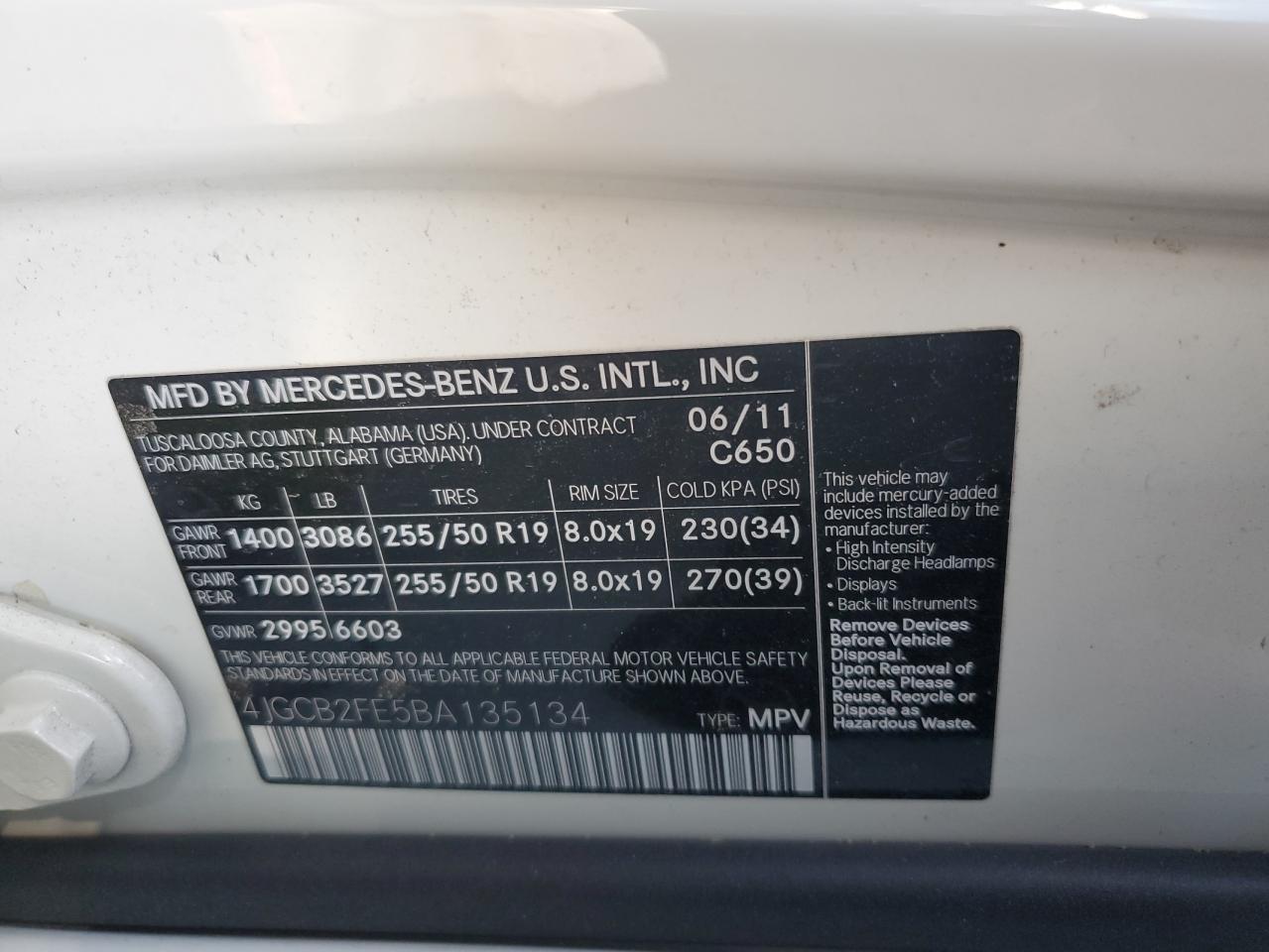 4JGCB2FE5BA135134 2011 Mercedes-Benz R 350 Bluetec