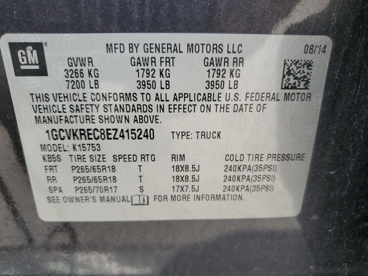 1GCVKREC8EZ415240 2014 Chevrolet Silverado K1500 Lt