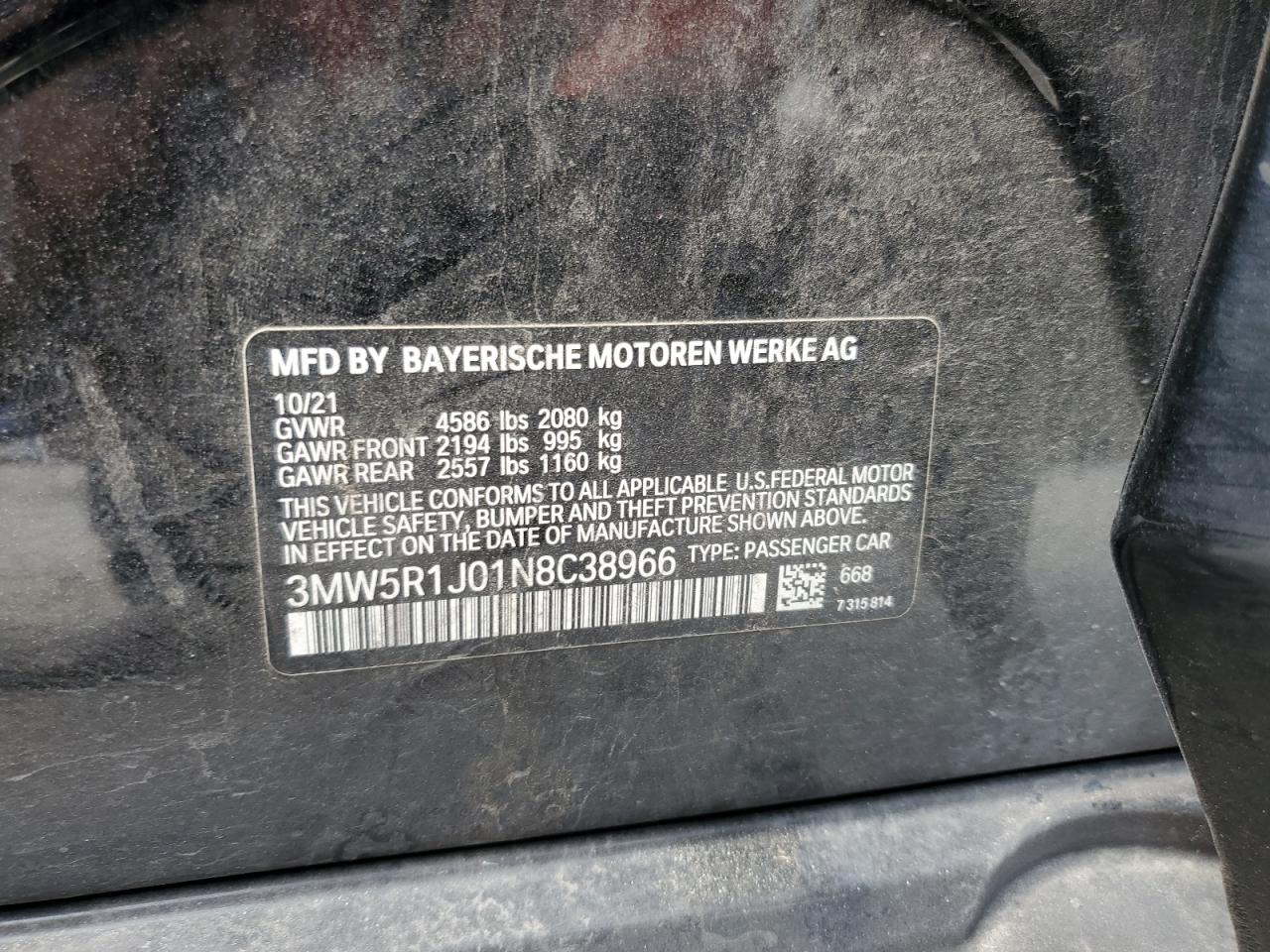 3MW5R1J01N8C38966 2022 BMW 330I