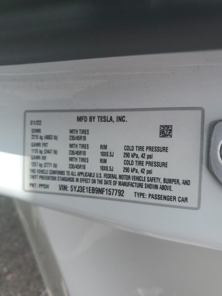 5YJ3E1EB9NF157792 2022 Tesla Model 3