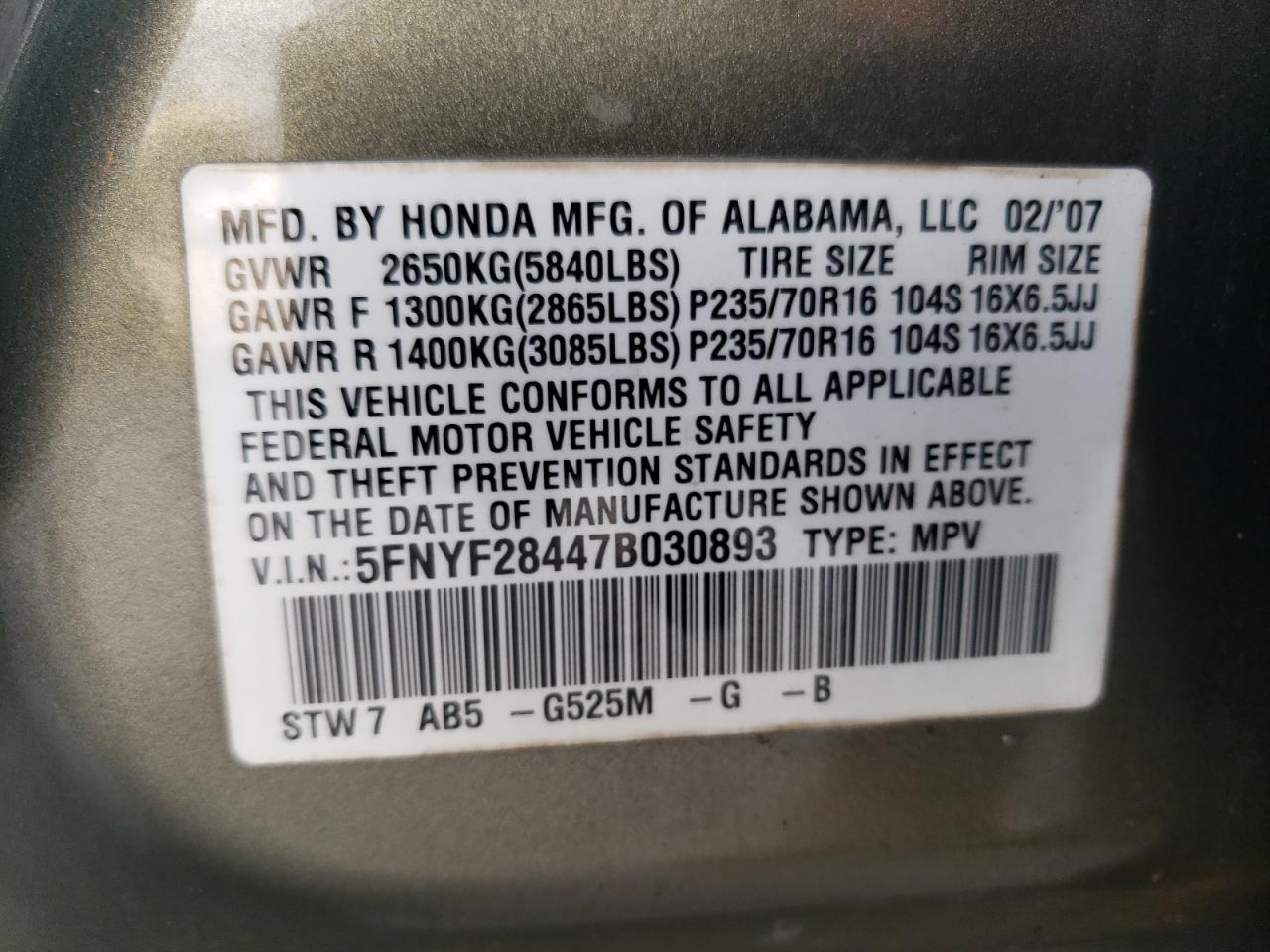 5FNYF28447B030893 2007 Honda Pilot Ex
