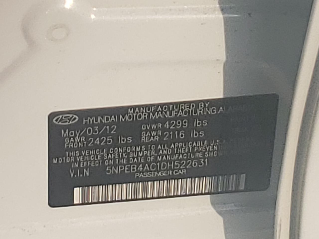 5NPEB4AC1DH522631 2013 Hyundai Sonata Gls