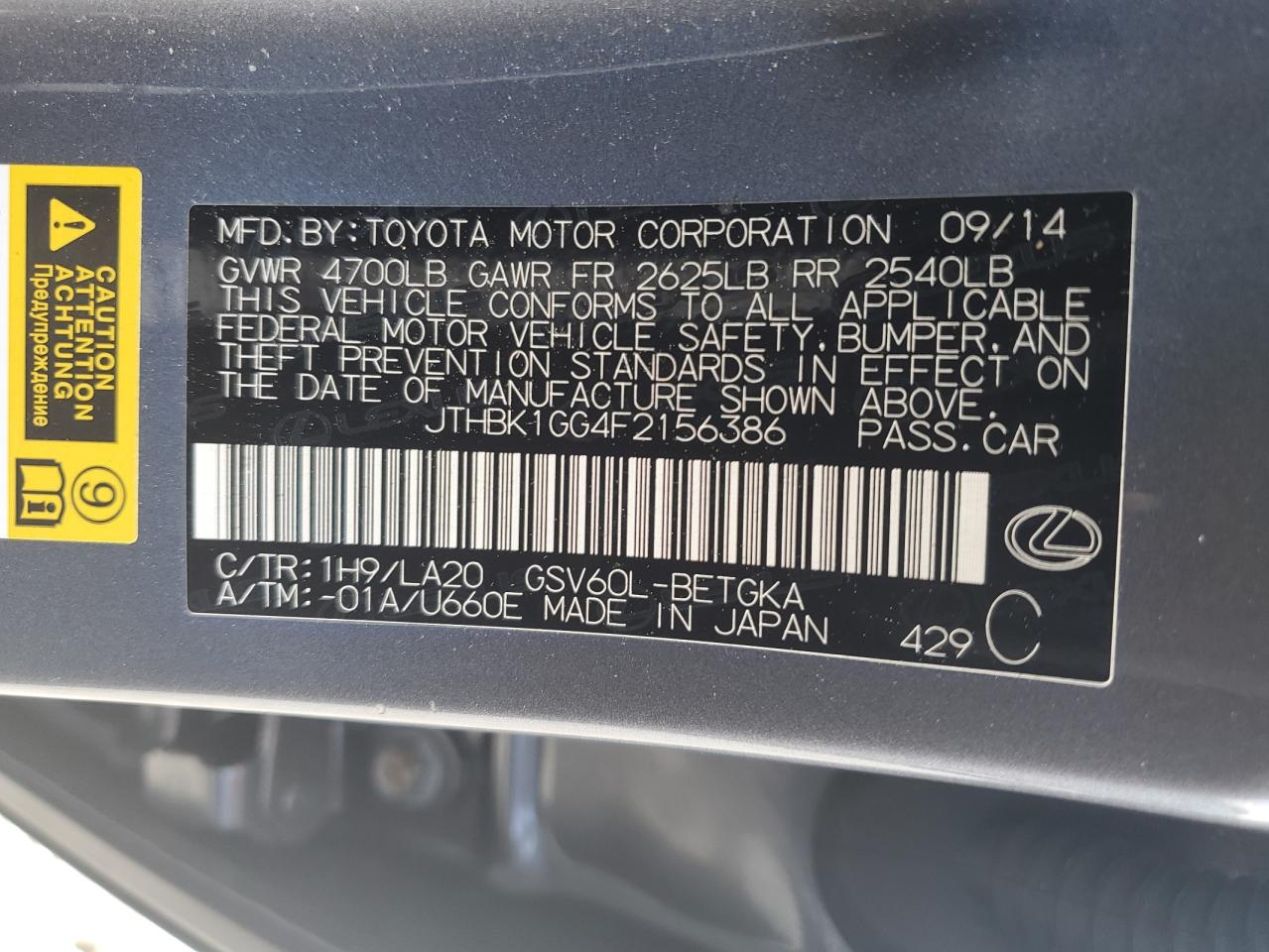 JTHBK1GG4F2156386 2015 Lexus Es 350