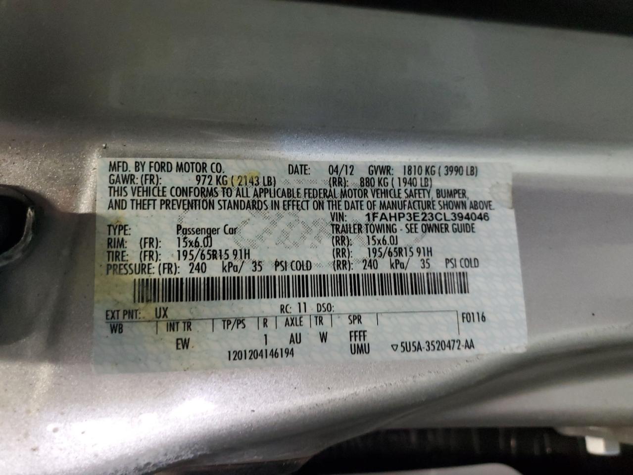 1FAHP3E23CL394046 2012 Ford Focus S