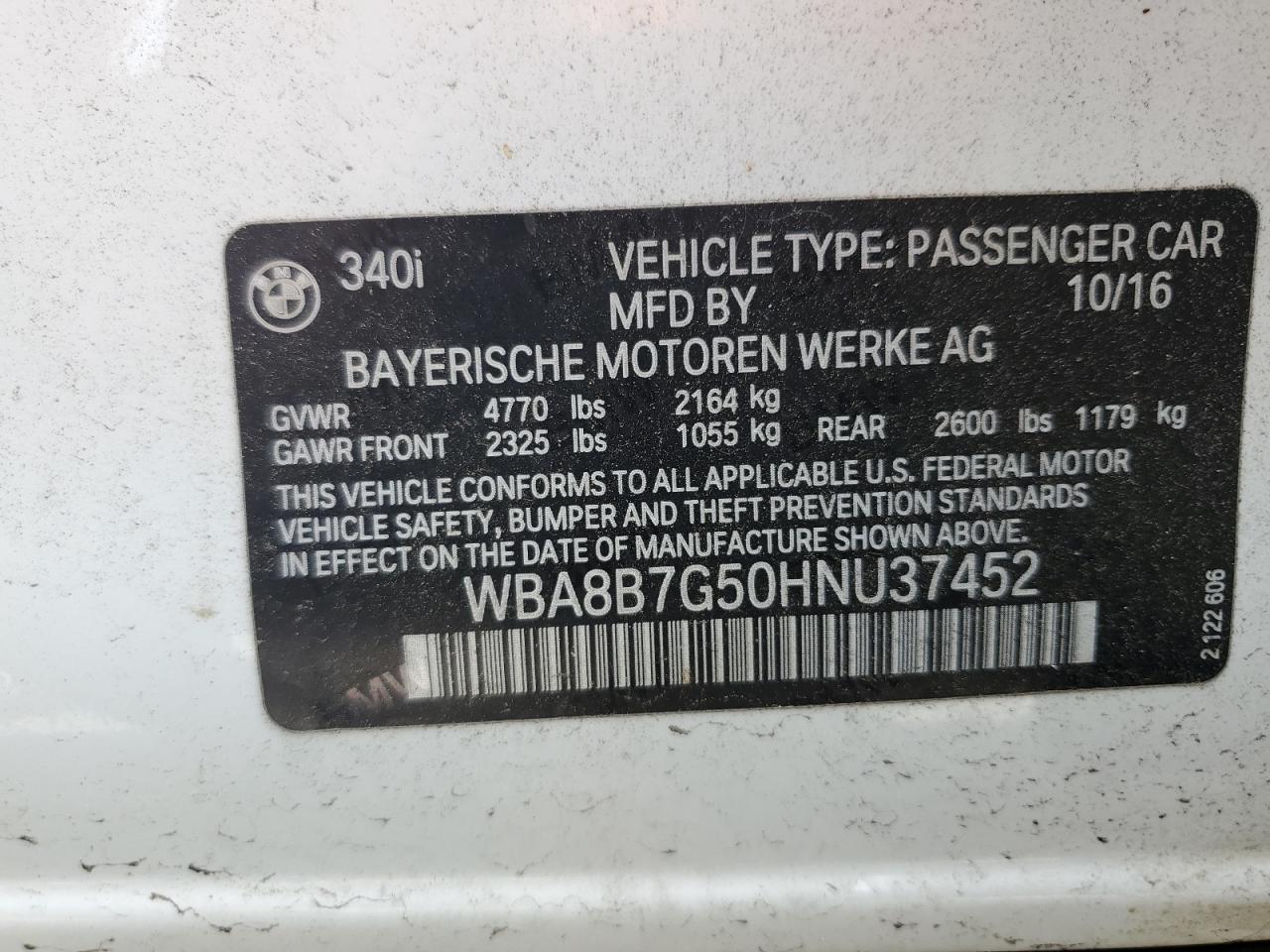 WBA8B7G50HNU37452 2017 BMW 340 Xi