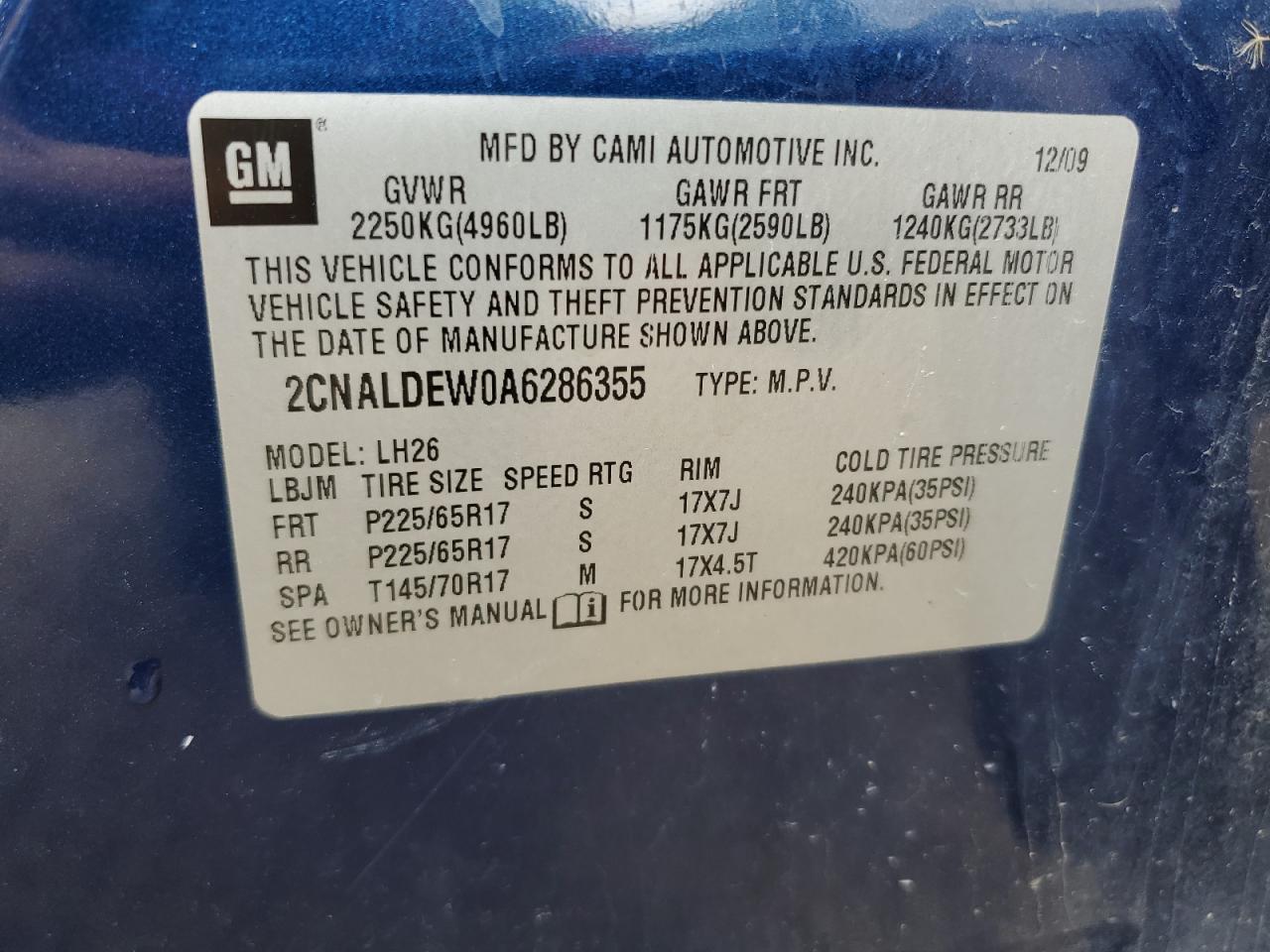 2CNALDEW0A6286355 2010 Chevrolet Equinox Lt