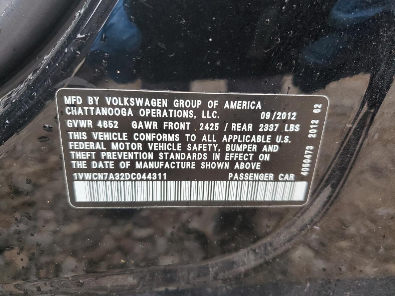 1VWCN7A32DC044311 2013 Volkswagen Passat Sel