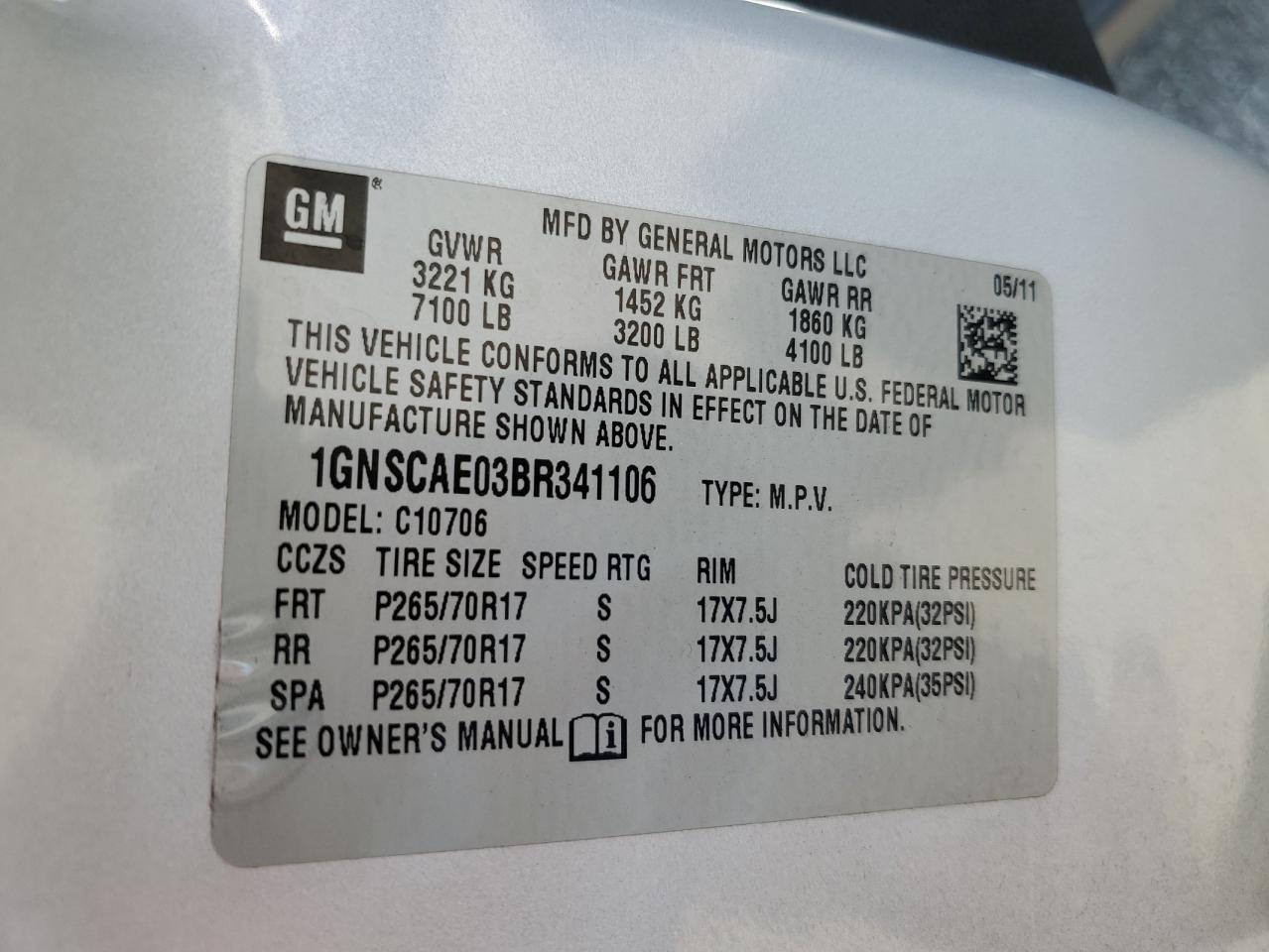 1GNSCAE03BR341106 2011 Chevrolet Tahoe C1500 Ls