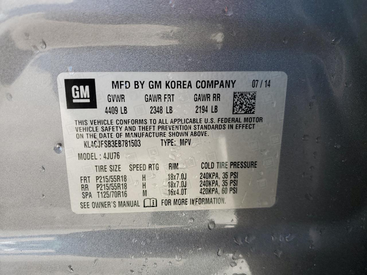 KL4CJFSB3EB781503 2014 Buick Encore Convenience