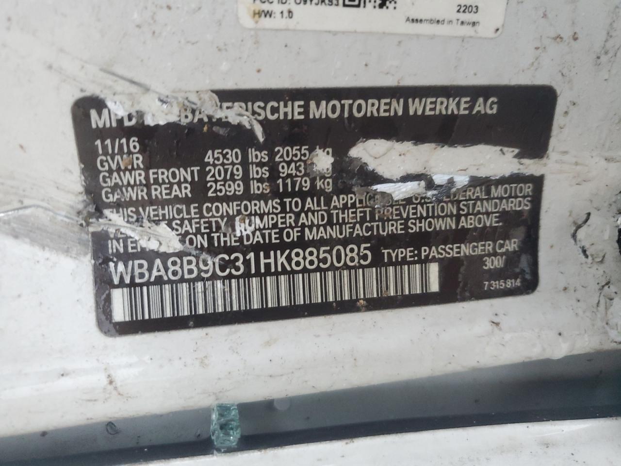 WBA8B9C31HK885085 2017 BMW 330 I