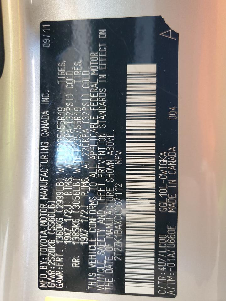 2T2ZK1BAXCC067112 2012 Lexus Rx 350