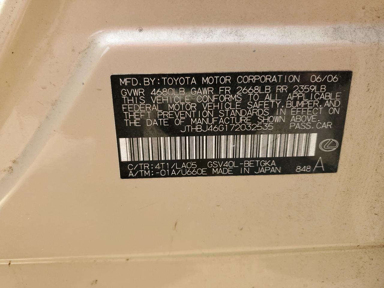 JTHBJ46G172032535 2007 Lexus Es 350