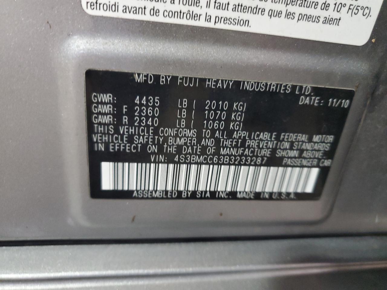 4S3BMCC63B3233287 2011 Subaru Legacy 2.5I Premium