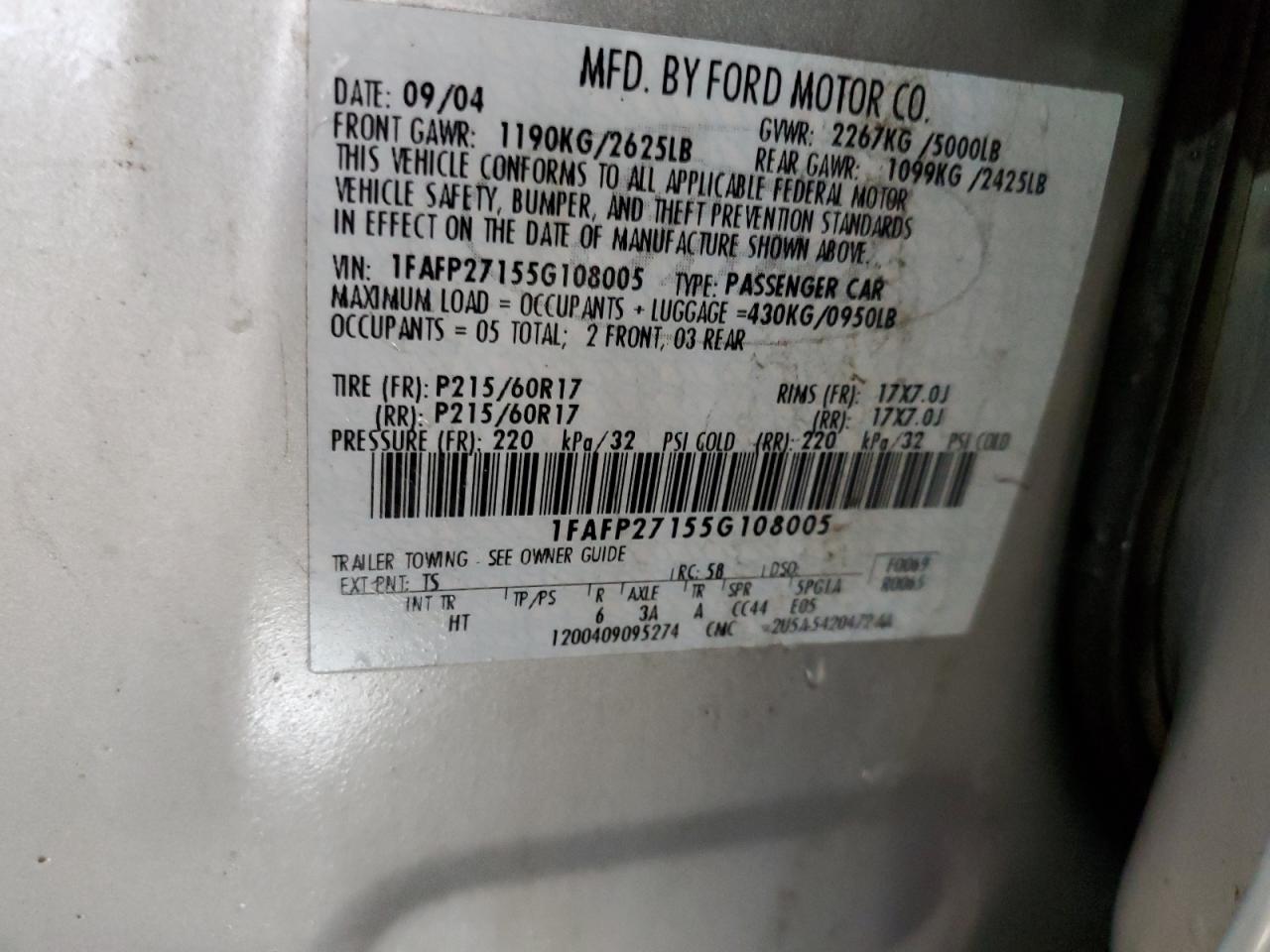 1FAFP27155G108005 2005 Ford Five Hundred Sel