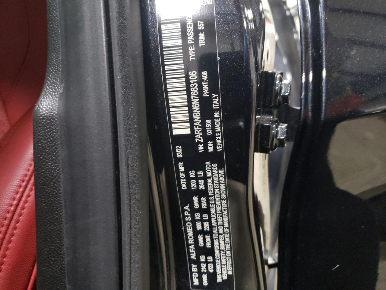 ZARFANBN6N7663106 2022 Alfa Romeo Giulia Super