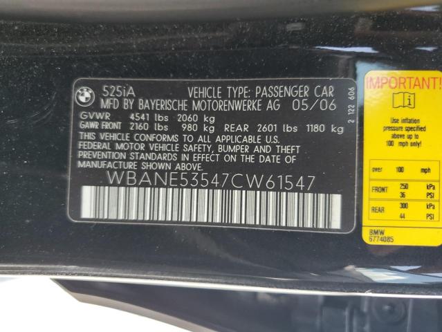 2007 BMW 525 I VIN: WBANE53547CW61547 Lot: 54608654