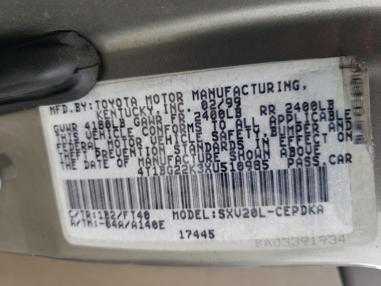 4T1BG22K3XU510985 1999 Toyota Camry Ce