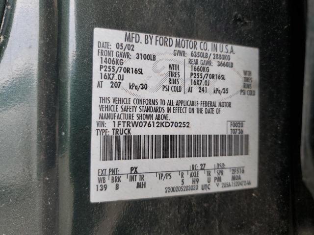 2002 Ford F150 Supercrew VIN: 1FTRW07612KD70252 Lot: 57814314