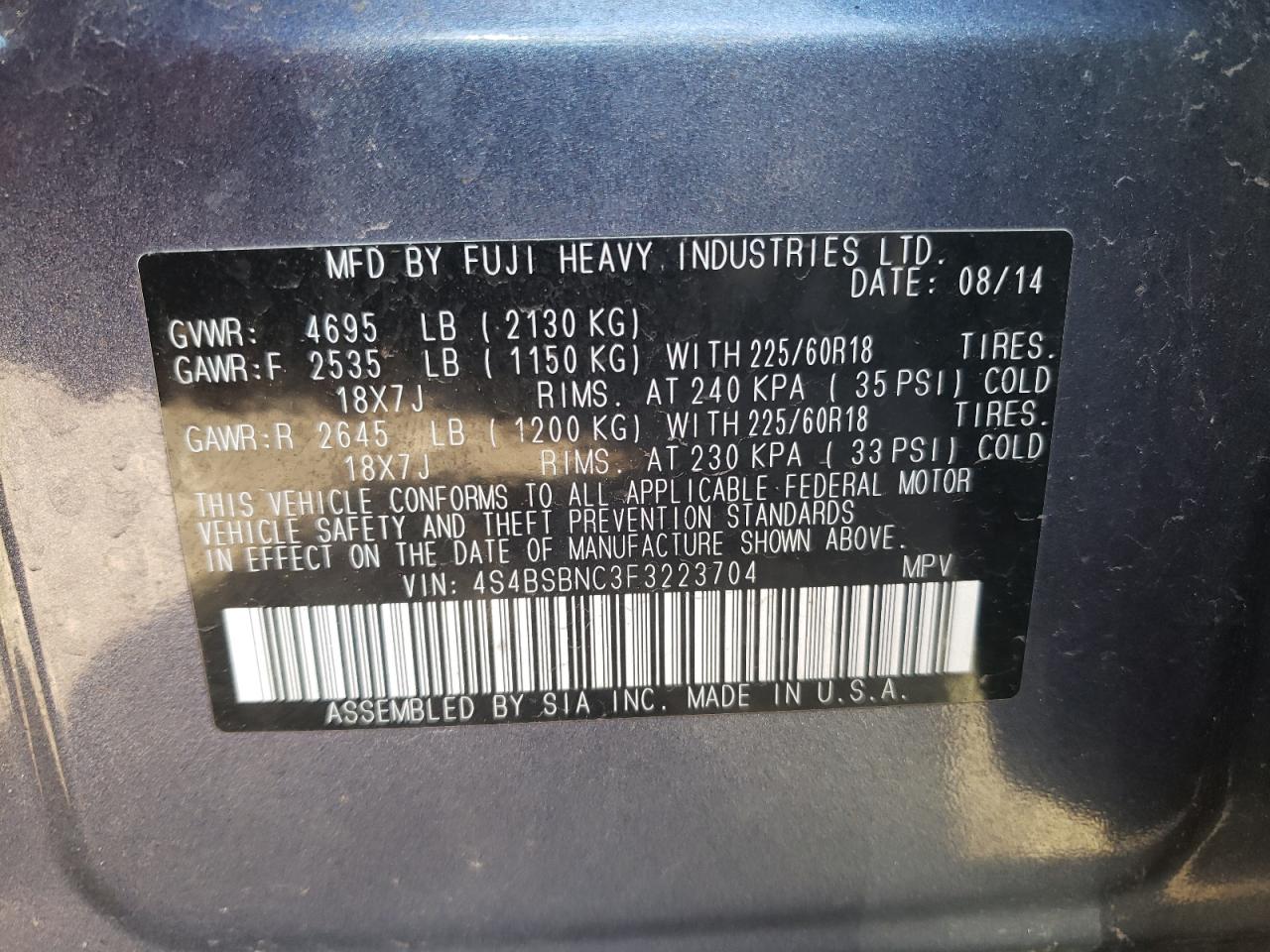 4S4BSBNC3F3223704 2015 Subaru Outback 2.5I Limited