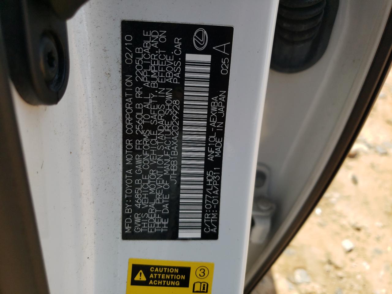 JTHBB1BAXA2029928 2010 Lexus Hs 250H