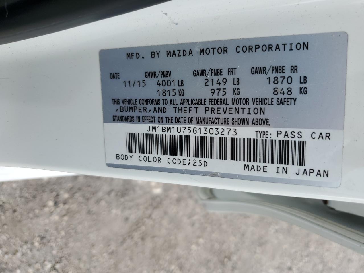 JM1BM1U75G1303273 2016 Mazda 3 Sport