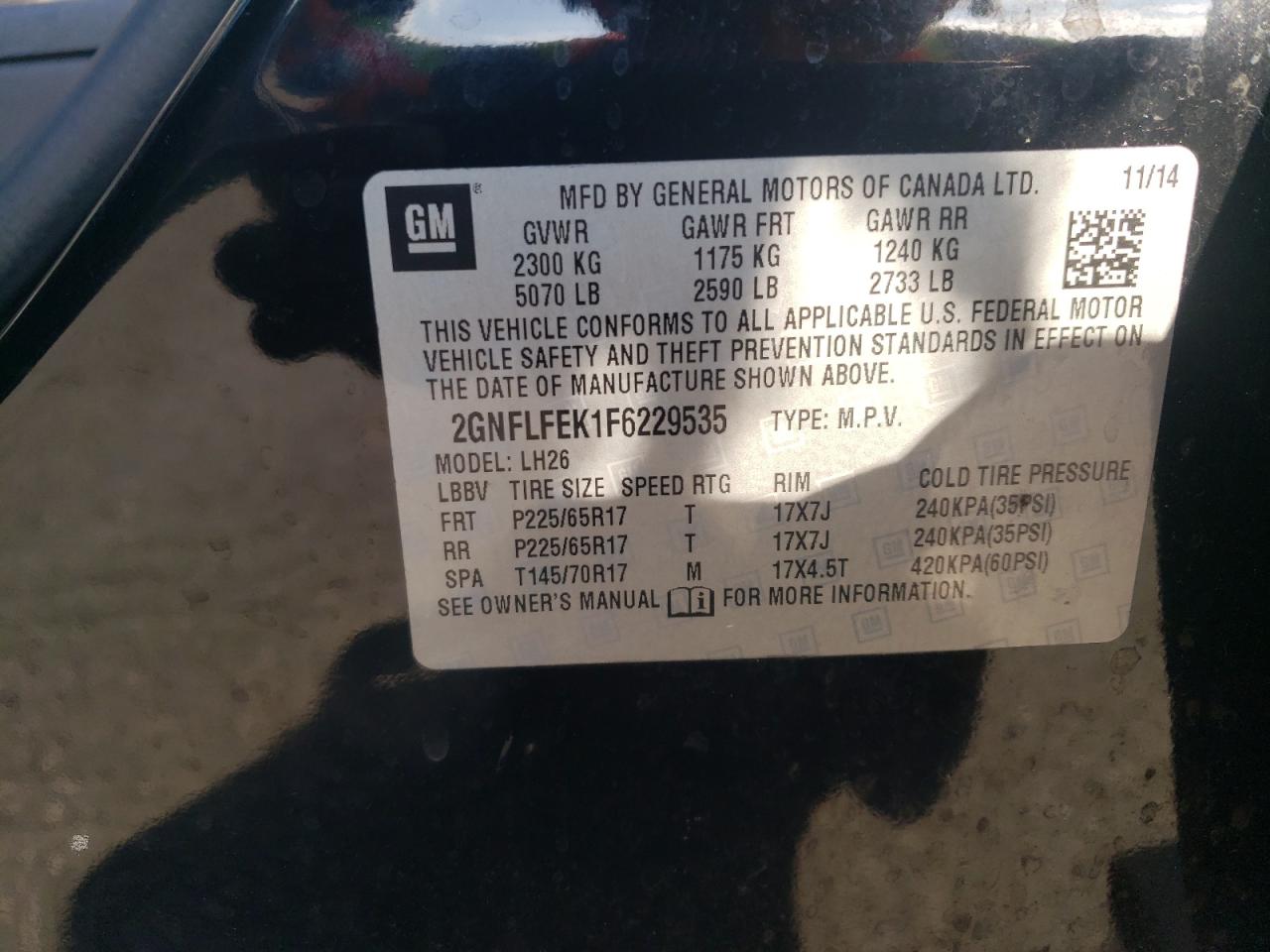 2GNFLFEK1F6229535 2015 Chevrolet Equinox Lt