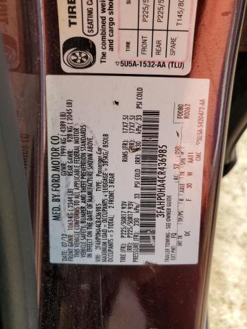 2012 Ford Fusion Se VIN: 3FAHP0HA4CR436985 Lot: 59836074