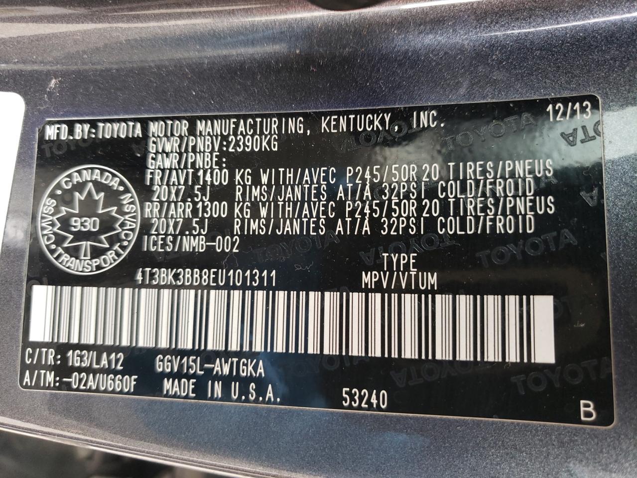 4T3BK3BB8EU101311 2014 Toyota Venza Le