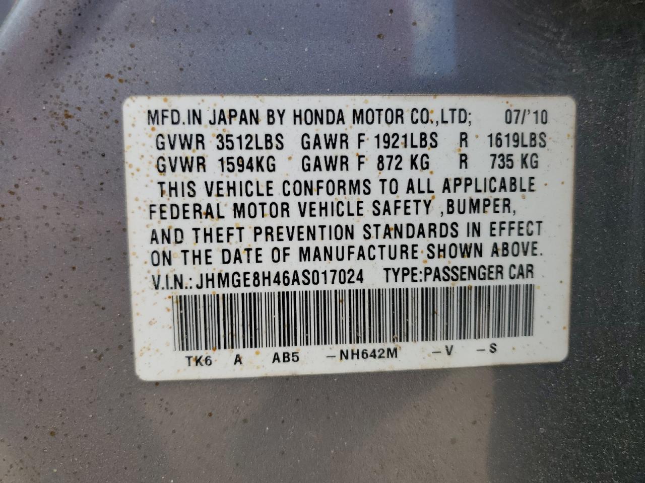 JHMGE8H46AS017024 2010 Honda Fit Sport