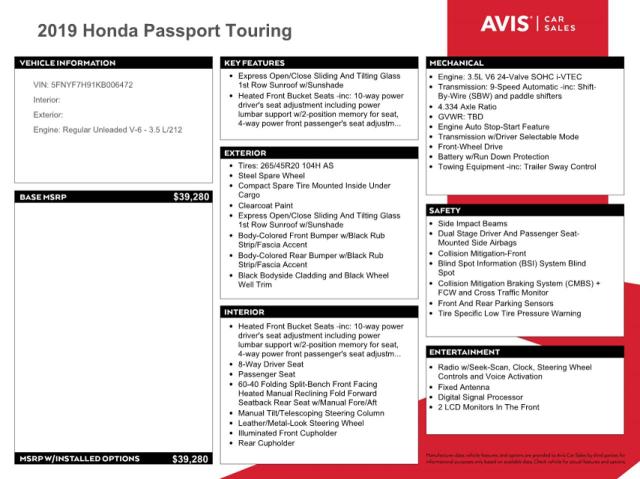 5FNYF7H91KB006472 2019 Honda Passport Touring